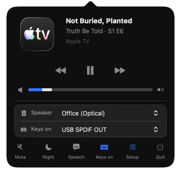 Optically's menu bar panel, showing what is playing, a volume
                slider, and the speaker it is controlling.