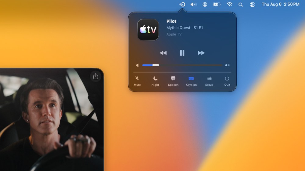 The top-right corner of a Mac screen: a show playing in the TV app, and Optically's panel open from the menu bar showing what is playing, the speaker's volume, and its night, speech and mute controls.